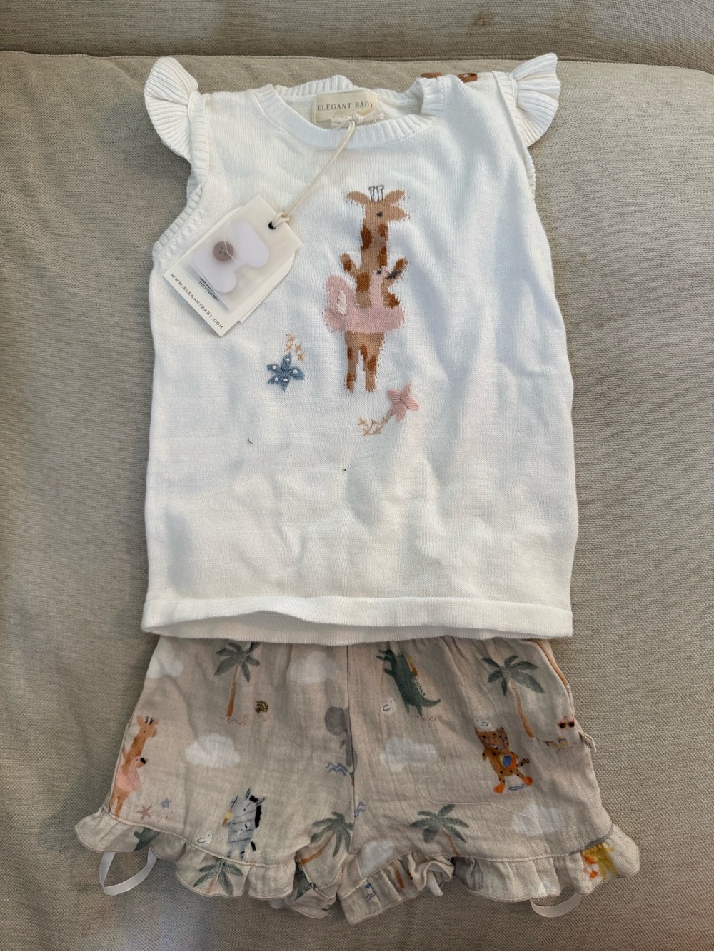 Elegant Baby White Giraffe Knit Tank & Neutral Safari Shorts Kids Matching Set